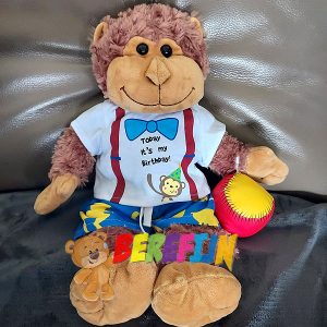 Berefijn hug Mookey – teddybear - Belgium - Monkey - build a bear - monkey - beach - swimming trunks - birthday gift - trip