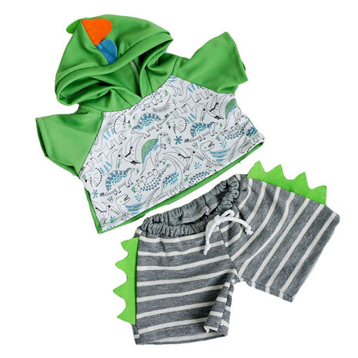La tenue dinosaure verte est une tenue douce avec un sweat à capuche vert imprimé de dinosaures et un pantalon rayé gris