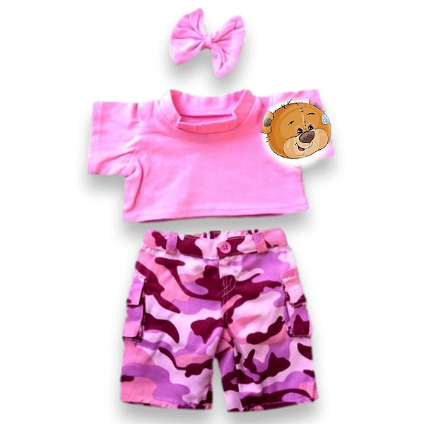 Berefijn - Teddy Mountain - Lier - build a bear - army - camouflage - pet - short - jas - legerkostuum - meisje - roze - pink