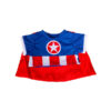 T-Shirt with cape hero captain america is a blue t-shirt with short sleeves and a fixed red superhero cape, printed with the logo (red and white star) of captain america
