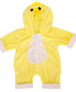 Gele kuiken onesie is een gele jumpsuit met vaste kap met daarop een kuikentjes hoofd